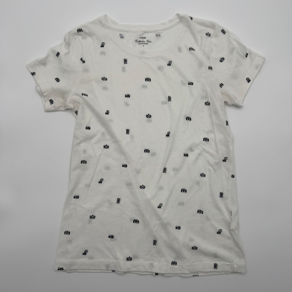 J.Crew Collector Tee‎ Womens Small White Black Camera Print Short Sleeve T-Shirt